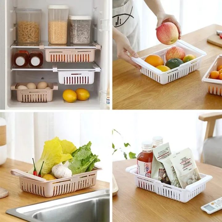 Adjustable Fridge Storage Basket Expandable Fridge Storage Rack Plastic Fridge Space Saver Food Organizer Tray Refrigerator Pull Out Drawers