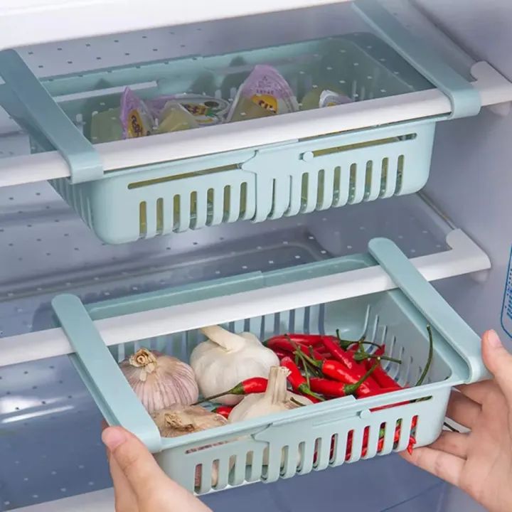 Adjustable Fridge Storage Basket Expandable Fridge Storage Rack Plastic Fridge Space Saver Food Organizer Tray Refrigerator Pull Out Drawers