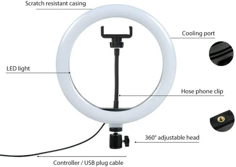 Selfie LED Ring Light With Ball Head Mobile Holder 3 Colour Brightness With Dimm Full Option