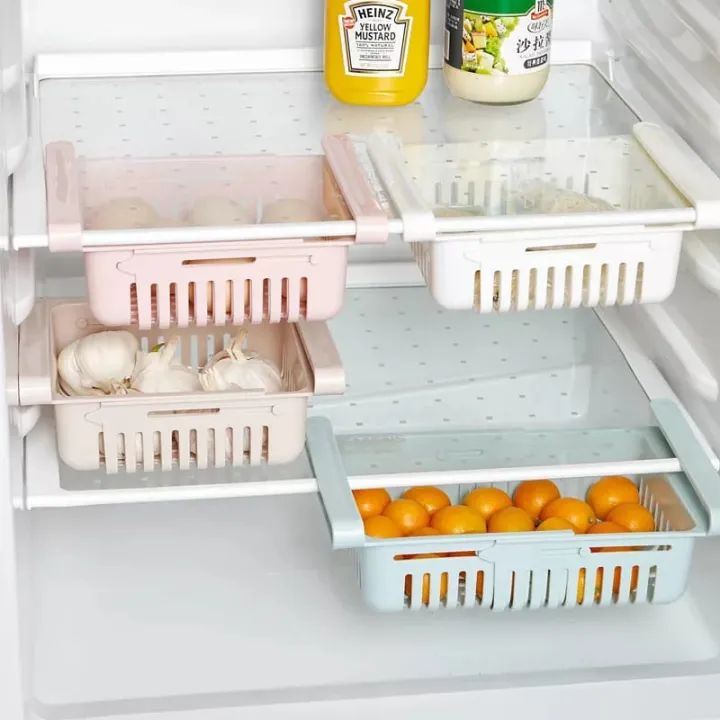 Adjustable Fridge Storage Basket Expandable Fridge Storage Rack Plastic Fridge Space Saver Food Organizer Tray Refrigerator Pull Out Drawers